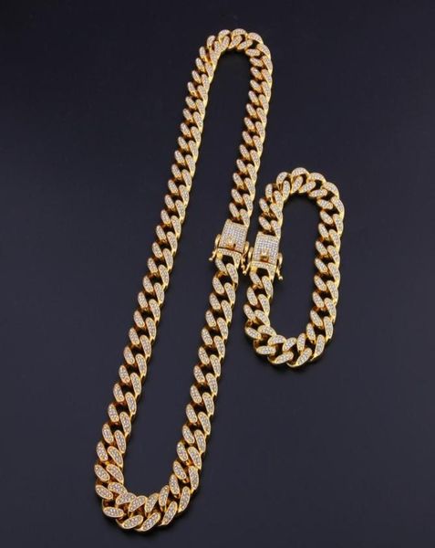 

13mm miami cuban link chain gold silver necklace bracelet set iced out crystal rhinestone bling hip hop for men9560384