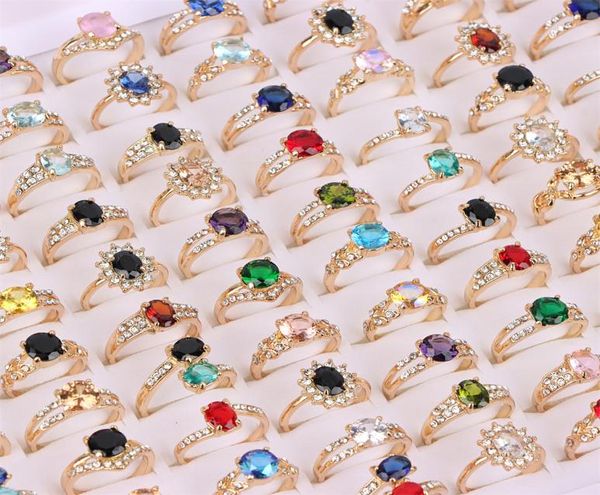 

50pcslot fashion sparkling zircon alloy rings for women gold color engagement wedding jewerly colorful party gift whole1289690, Golden;silver