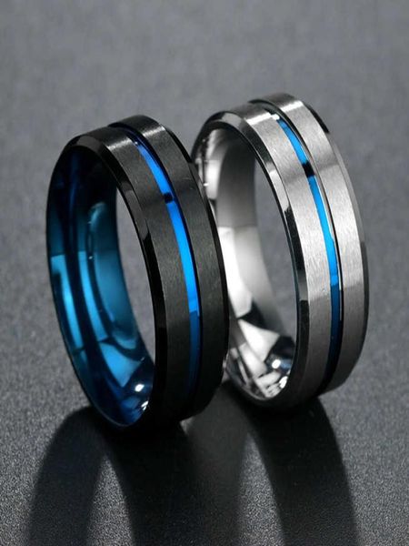 

8mm casual black men ring blue line stainless steel male wedding band comfort wear gentlemen jewelry1162216, Silver