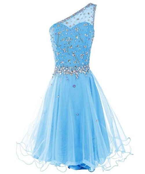 

one shoulder homecoming dress with beads crystal 2019 tulle knee length party dresses new short prom dress1949272, Blue;pink