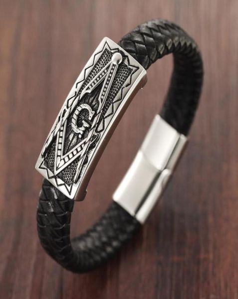 

the design is novel stainless steel magnet clasp genuine leather bracelet masonry masonic men6741581, Golden;silver