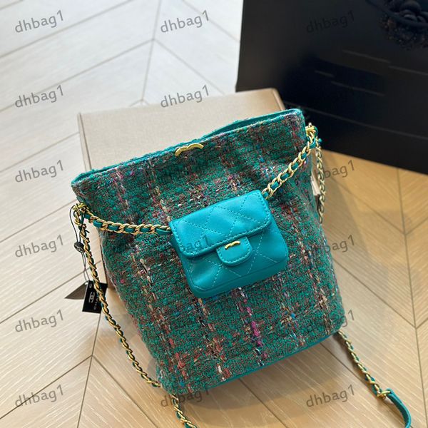 

stylish womens shoulder bag classic woven woolen bucket bag hardware metal turnbuckle tote underarm bag crossbody bag two piece card holder