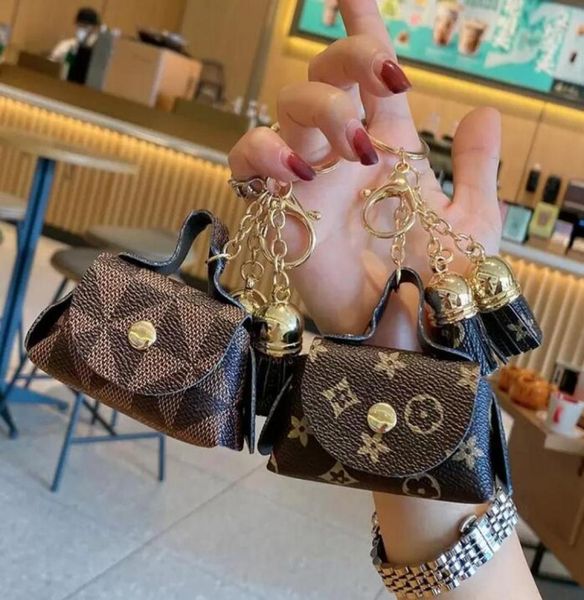 

leather mini bag key chains rings brown flower plaid tassel coin purse keyrings pendant fashion mini storage bags charm keychains 5273376, Slivery;golden