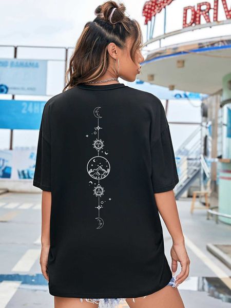 

women's fashion t-shirt moon and sun graphic shoulder, White