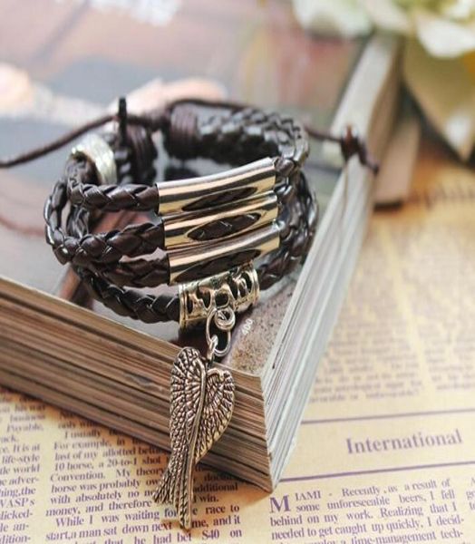 

fashion handmade multilayer leather bracelet vintage alloy angel wing leather wrap bracelets man weave rope charms jewelry for lov8822750, Golden;silver