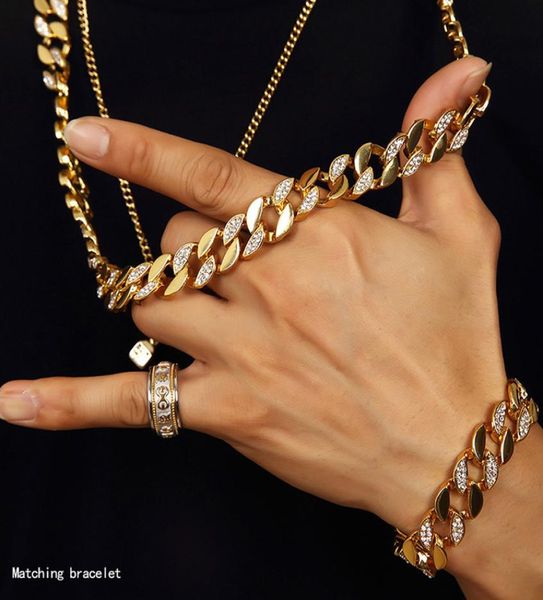 

new iced out chain men miami cuban link chain necklace bracelets hip hop jewelry set1685519, Silver