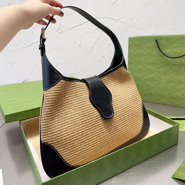 

straw shoulder bag hobo underarm bags women handbags purse leather strap metallic letter magnetic button internal zipper pocket large capaci