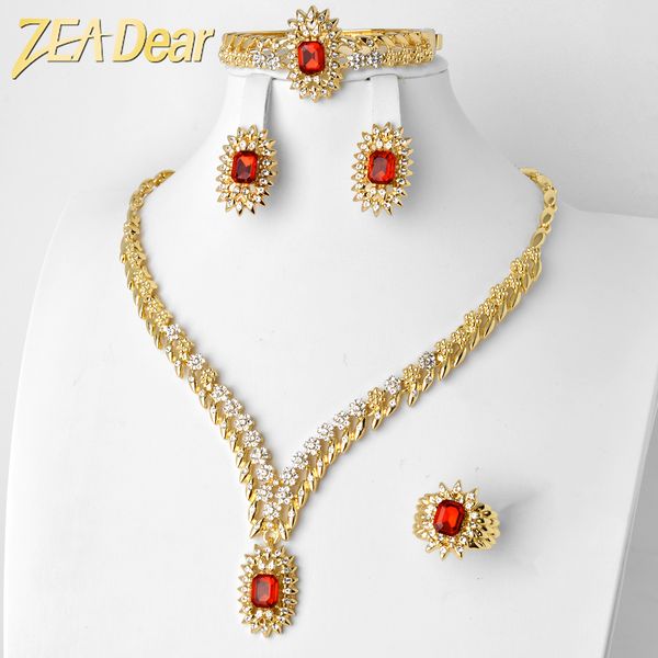 

wedding jewelry sets zeadear bride gold plated earrings necklace bracelet ring red green blue crystal plant leaf chain boho bridal gift 2307, Slivery;golden