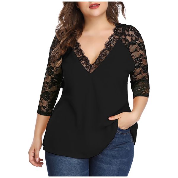 

women's plus size tshirt plus size lace blouse women summer autumn casual long sleeve vneck lace patchwork shirt ladies tunic blouses, Black