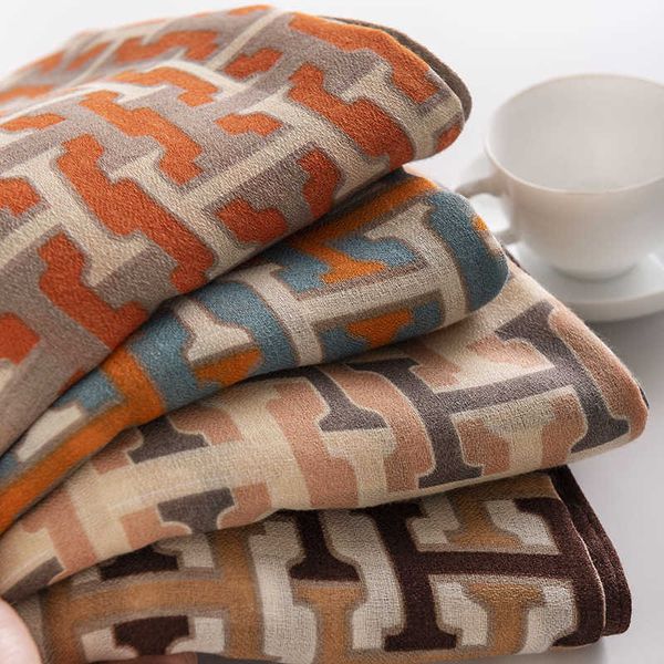 

street style letter h contrast color simulation silk cotton hemp women's fashion air conditioner shawl beach scarf, Blue;gray