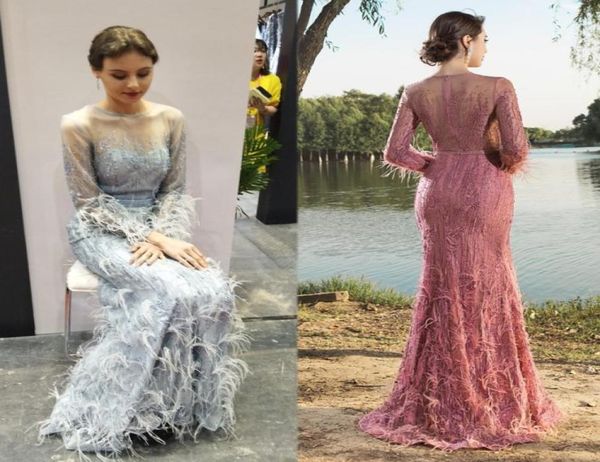

5479 long sleeves feather mermaid prom dresses vestidos de festa party evening dress highend occasion s maxi dress9984118, Black