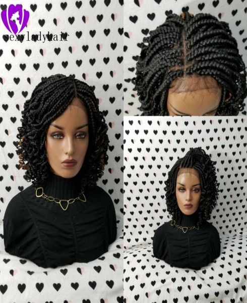 

2020 new lace frontal short braided wigs for black women synthetic lace front braids wig with curly tips baby hair8837728