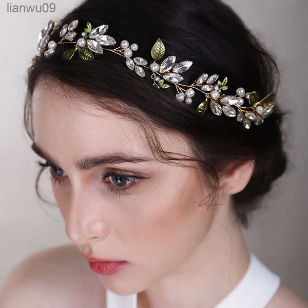 

trendy bridal headdress wendding headwear pearl rhinestone headband with green leaves women hair accessories princess head band l230704, White;golden