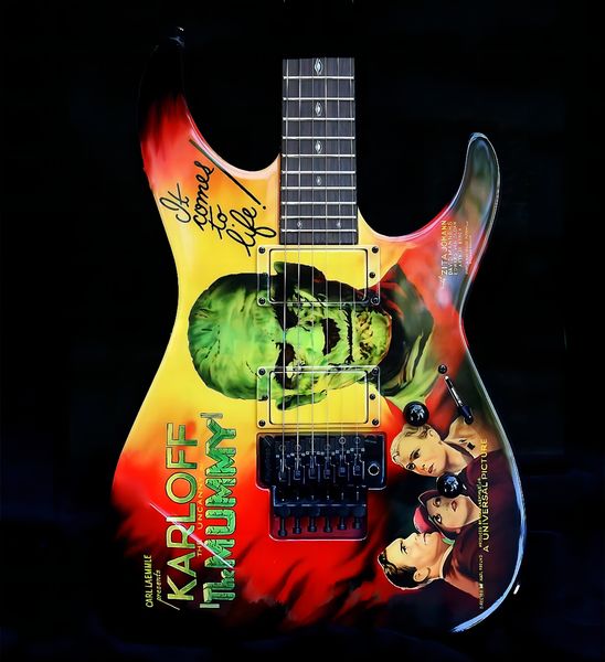 

custom kirk hammett ltd kh-3 karloff mummy monster movies collection 7v electric guitar reverse headstock, copy emg pickups, floyd rose trem