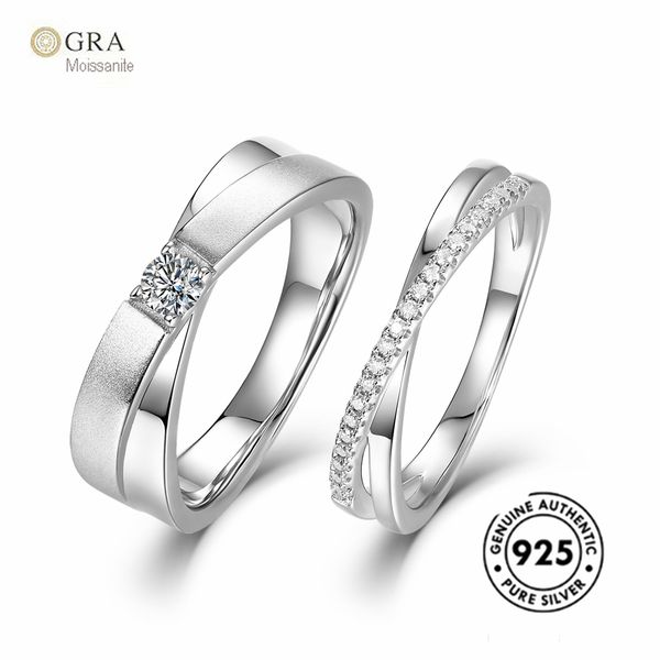 

most popular real solid 925 sterling silver simple figer couple ring with moissanite ready for ship, Slivery;golden