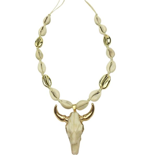 

dm cow bull head pendant necklace women rope chain natural cowrie shell long animal skull boho jewelry collier femme 2020 kolye y23129915, Silver