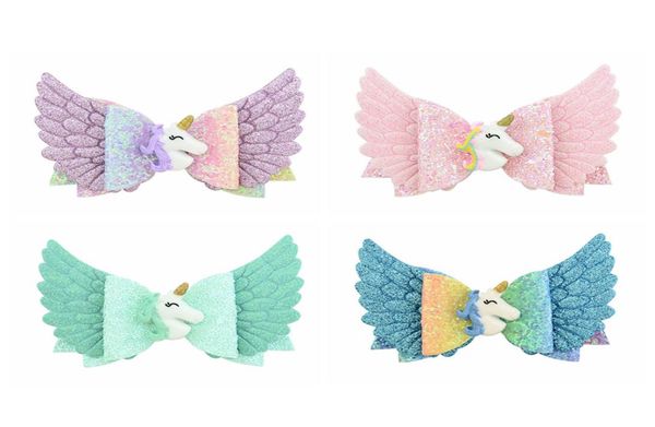 

new 4 colors girls blingbling unicorn bow hairpins 35 inches 88cm candy color sweet kids sequins glitter bow hair clips7789529, Slivery;white