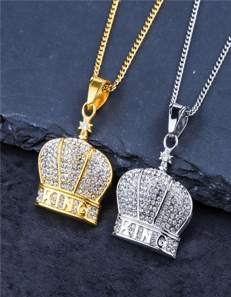 

18k gold stainless steel iced out full diamond crown pendant necklace for men women bling jewelry9046409, Silver