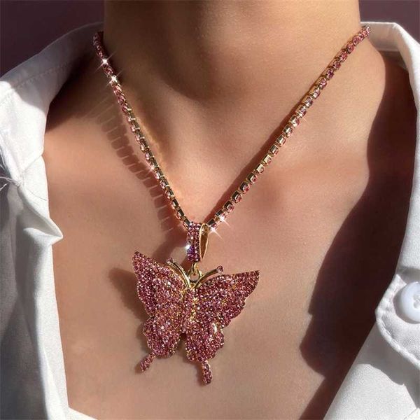 

pendant necklaces iced out pink rhinestones paved big butterfly tennis chain necklace for women shiny 3d choker jewelry 230613, Silver