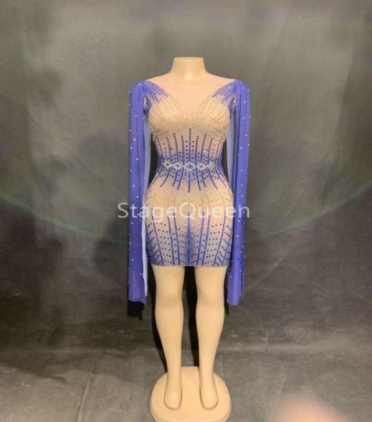 

fashion blue long sleeves perspective mesh dress women celebrate see through dress skinny costume dance short dress ds dj out3795891, Black;red