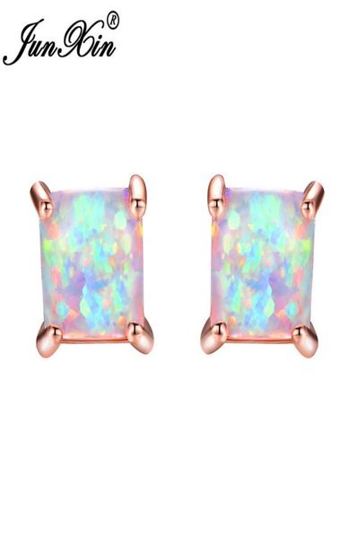 

junxin greenbluewhite fire opal stud earrings for women rose gold filled square earrings princess cut birthstone earring gifts7962393, Golden;silver