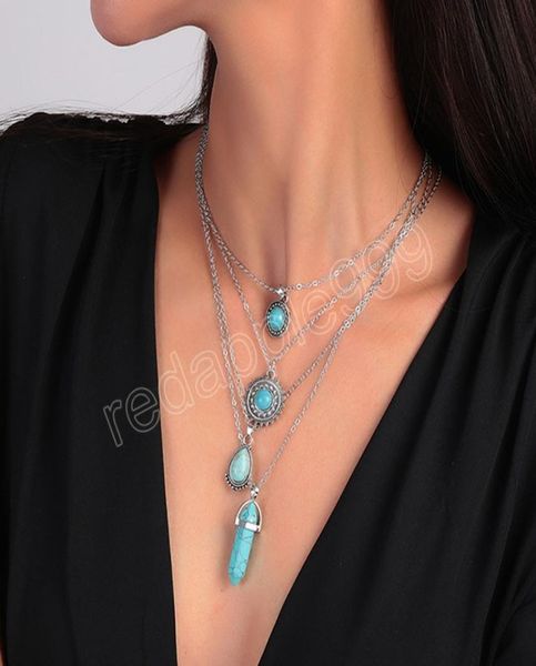 

boho water drop green stone geometric multilayer necklaces for women tassel retro wind sweater chain necklace collar jewelry9026141, Silver