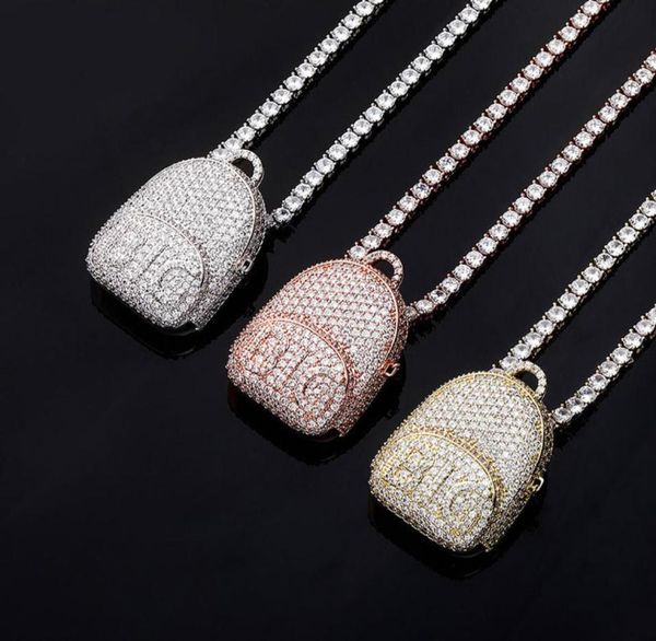 

unique fashion design gold silver color iced out bling cz big schoolbag pendant necklace with 24inch rope chain for men women2217695