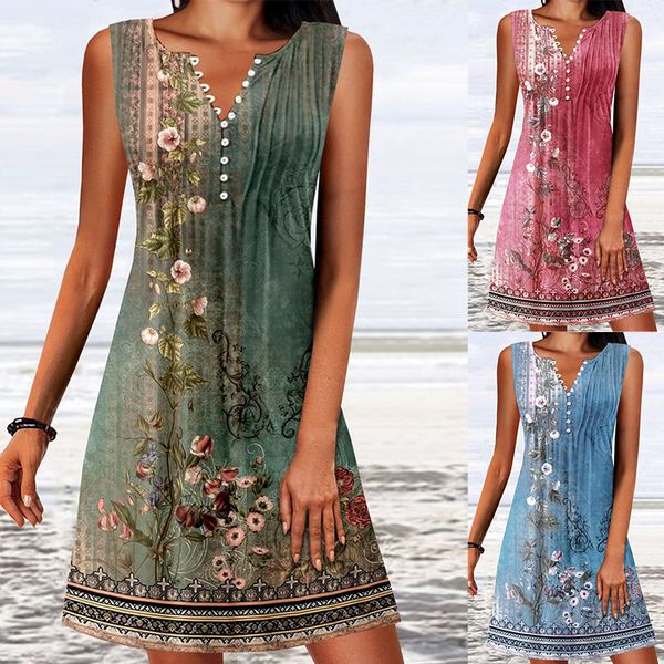 

urban dresses digital printing pullover summer v-neck tank a-line dress fashion button sleeveless plus size slim fit dress 230717, White;black