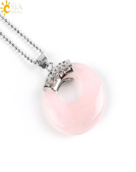 

csja new agate women necklace hollow circle vintage pendants reiki healing natural gem stone lapis lazuli rose quartz girlfriend g8794612, Silver