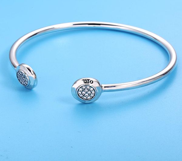 

factory price authentic 925 sterling silver bangle signature with crystal open bracelet bangle fit women bead charm diy jewelry4557805, Black