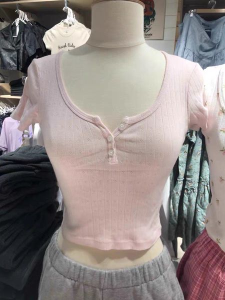 

women's t-shirt retro hollow button tee women's sweet round neck pink cotton ultra thin short sleeve t-shirt summer street clothin, White