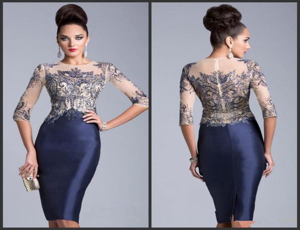 

2019 new mother of the bride dresses jewel navy blue half sleeves sheer crystal beaded knee length evening mother dress vestidos d3256447, Black;red