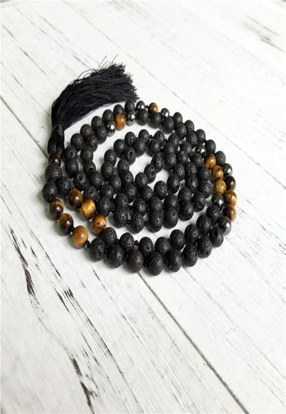 

hematite lava stone tiger eye necklace hand knotted prayer necklaces black beads men039s necklaces long tassel jewelry yoga2745894, Silver