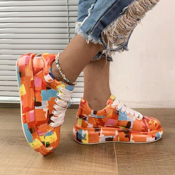 

shoes for women lace up women's vulcanize shoes autumn round toe mixed colors shoes ladies platform sneakers, Black