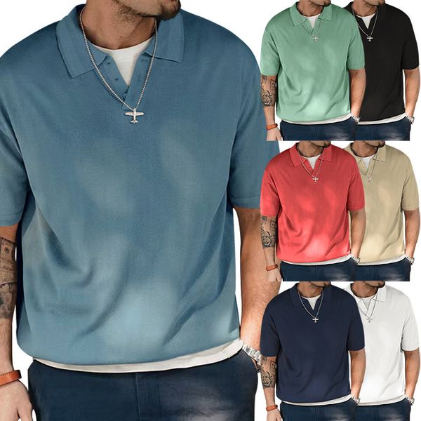 

polot t-shirt for men's polos loose fitting popular short sleeved slit solid casual v-neck lapel tees, White;black