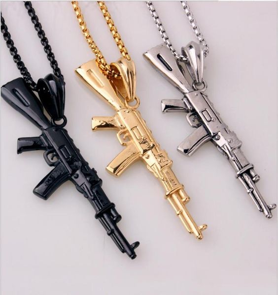 

2018 new fashion cool ak47 assault rifle pendant necklace european hip hop jewelry stainless steelgoldblack gun plated chain for6615222, Silver
