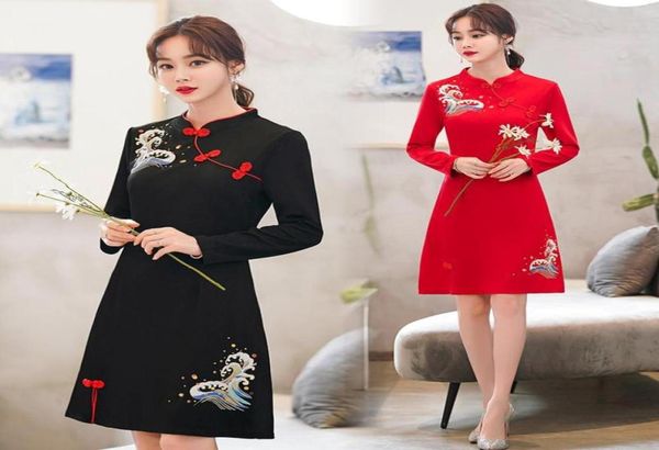 

casual dresses women long sleeve improved cheongsam chinese style vintage print stand collar buckle 2021 autumn slim dress female 6365123, Black;gray