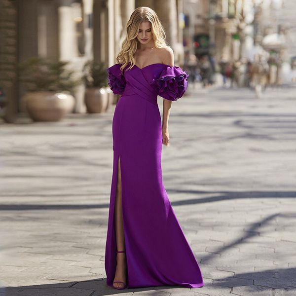 

purple satin evening dress for woman mermaid off shoulder silt ruffles sleeve satin vintage prom formal party gowns 2023 new robe de soiree, Black;red