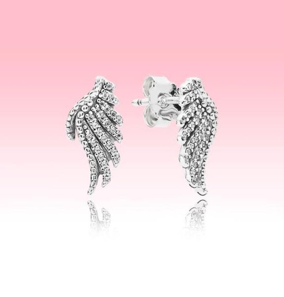 

100% real 925 sterling silver wing earring women girls party jewelry for p feather stud earrings with original box set2390706, Golden;silver