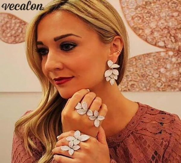 

vecalon flower leaf party ring mirco pave diamond cz 925 sterling silver engagement wedding band rings for women jewelry8044897, Slivery;golden