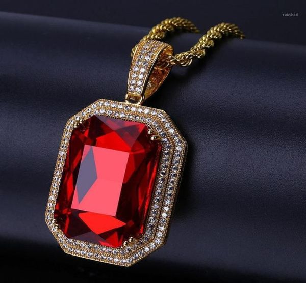 

pendant necklaces hip hop paved cubic zirconia iced out bling red stone geometric pendants necklace for men rapper jewelry gold si4588617, Silver