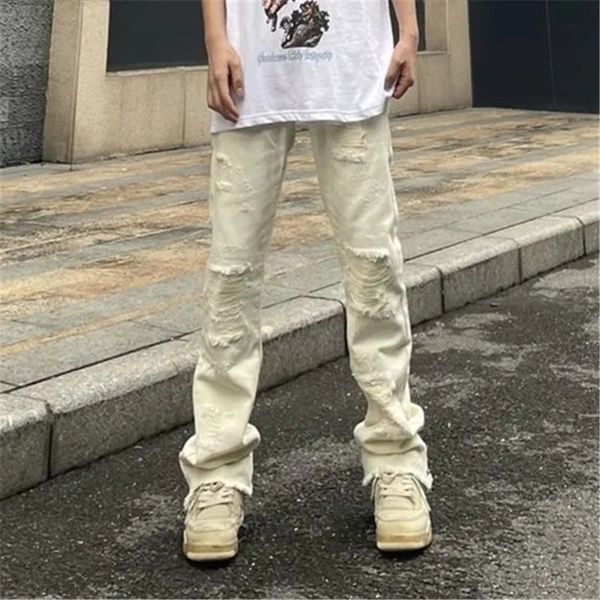 

men's jeans hole ripped straight washed mid waist men jeans black beige patchwork vintage slim high street denim trousers 230715, Blue