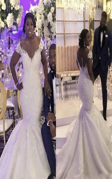 

plus size mermaid wedding dresses sheer neckline sequins beads lace appliques african bridal dress back buttons wed gowns3095217, White