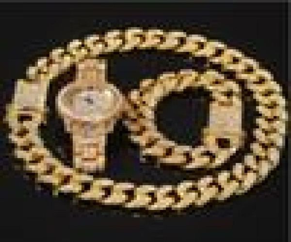 

2021 3pcs set necklace watchbracelet hip hop miami curb cuban chain gold full iced out paved rhinestones cz bling for men jewelr3085097, Black