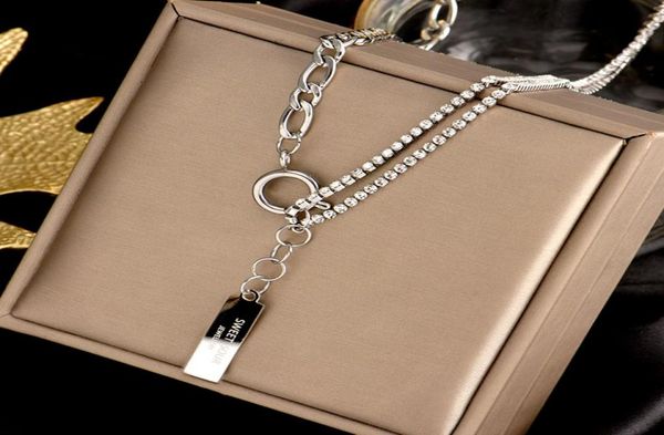 

sliver shining flash diamond stone double layer pendants necklace jewelry platinum plated women gift choker neck splicing fashion 5790017, Silver