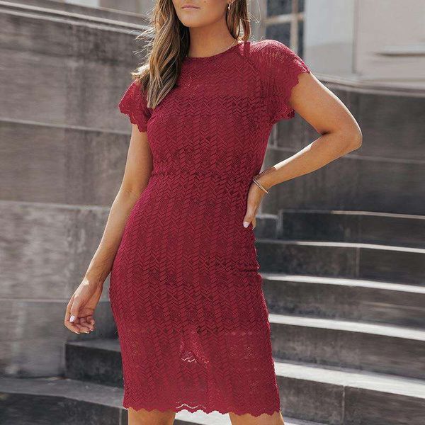 

lace hip wrapped mid length dress summer short sleeve tight solid color high necked, Black;gray