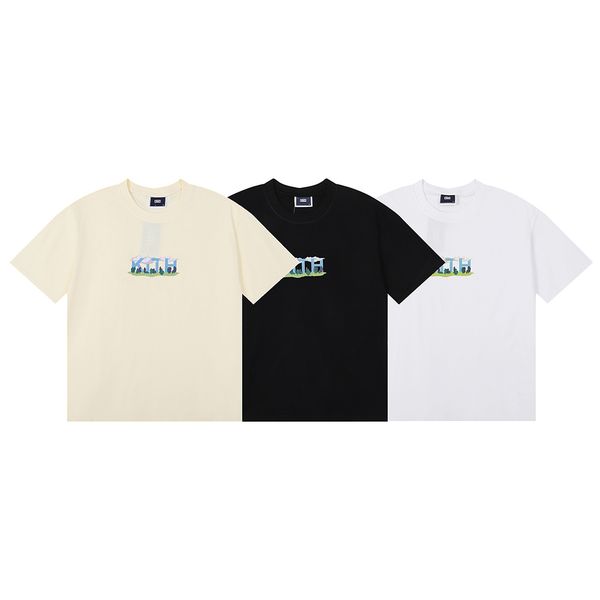

kith blue sky forest printing double yarn summer casual cotton short sleeve t-shirt for men and women, White;black