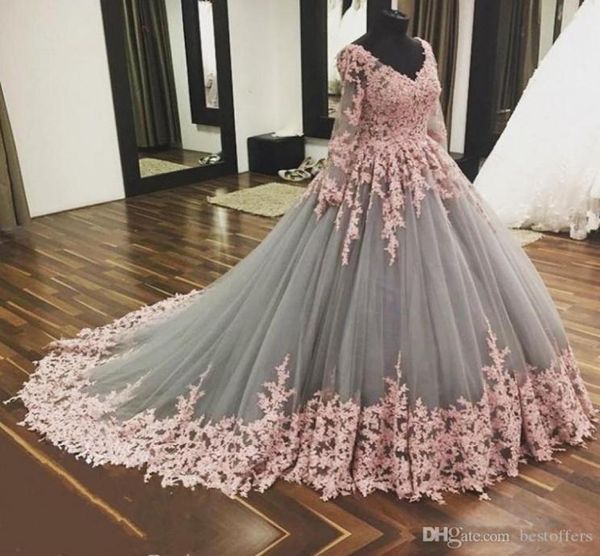 

modern grey tulle pink lace wedding dresses ball gown handmade appliques sweep train princess custom plus size bridal gowns bc10554731468, White