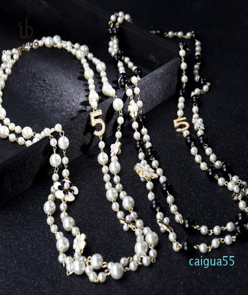 

fashion luxury designer classic flower elegant bright pearl multi layer long winter sweater statement necklace for woman4197647, Black