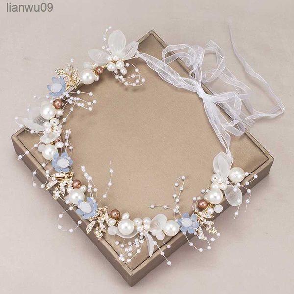 

romantic bridal hair band headdress colorful flowers handprepared pearl head wear women and children accessories l230704, White;golden